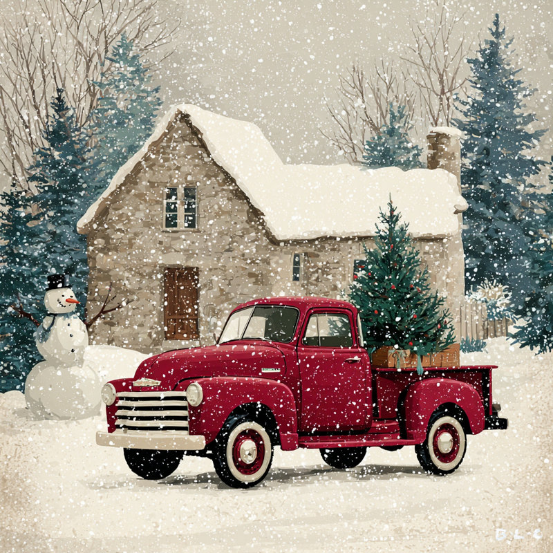 «Holiday Truck Under Falling Snow», art mural sur toile, H 20 po x l 20 po