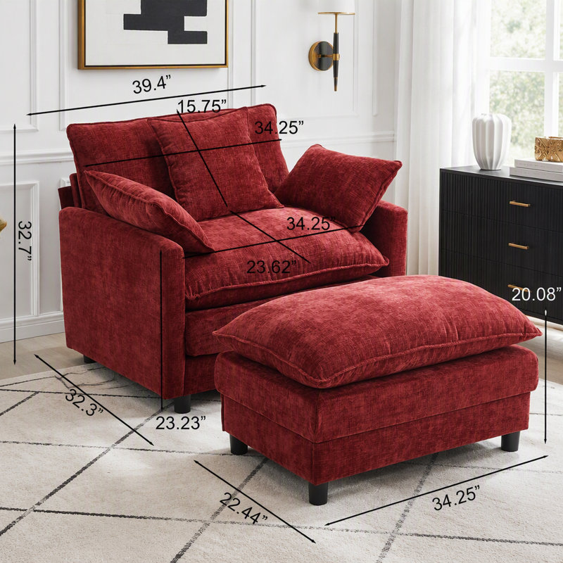 Chaise d'appoint moderne avec repose-pieds, tissu chenille, structure en bois massif, Tissu rouge vin