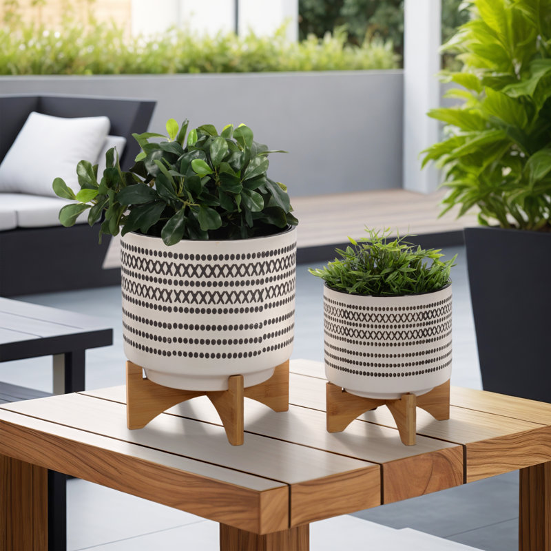 Ceramic and Stoneware Planters with Bamboo Stands - Set of 2, 12" H x 10" W x 10" D, Gray, 2