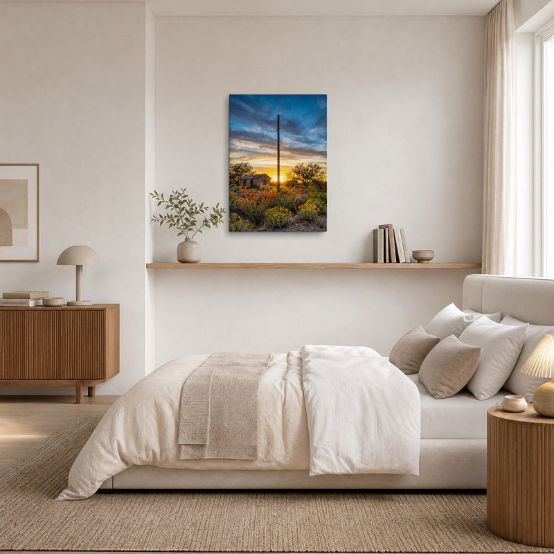 «Rustic Adobe House and Red Wildflowers at Sunset», art mural sur toile, H 18 po x l 12 po