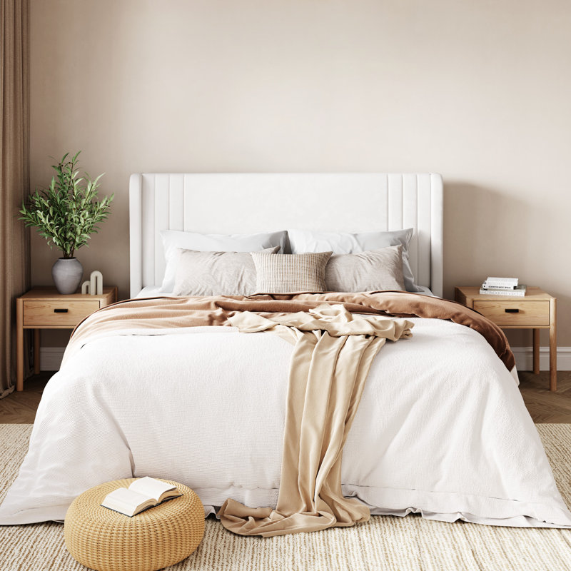 Low-Profile Velvet Upholstered Platform Bed with Wingbacks, Full, White