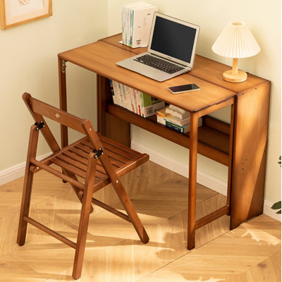Bamboo Folding Desk,Space-Saving Computer Desk For Small Spaces, Foldable Study Table For Bedroom, Home Office, Dorm, Apartment (Brown)