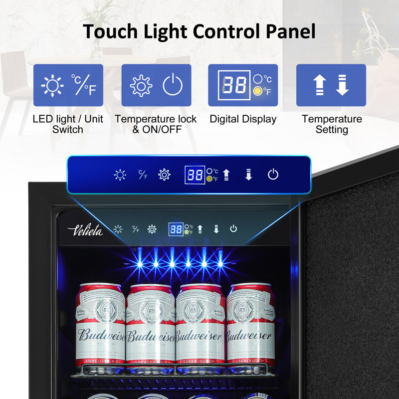 Velivi 127 Cans 3.1 Cubic Feet Built-In & Freestanding Beverage Refrigerator with Digital Control, Security Lock, and Blue LED Light