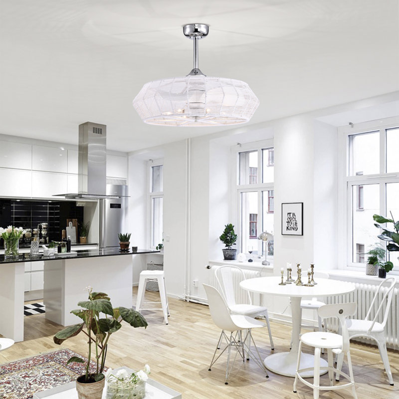 Akasha 28" Gloss White Rattan Rope Ceiling Fan Chandelier with Remote