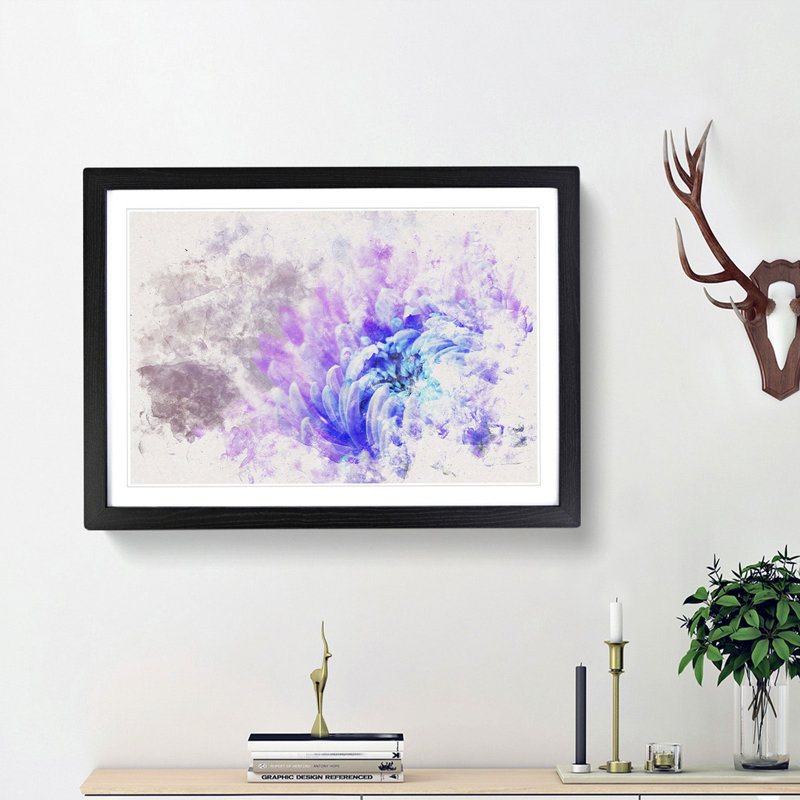 Lilac and Blue Chrysanthemum Watercolour - Picture Frame Graphic Art Print, Black Framed, 62cm H x 87cm W x 2cm D