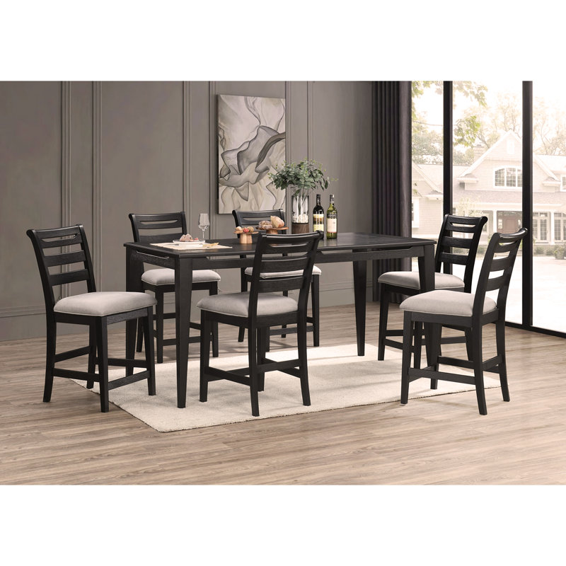 Ensemble de salle à manger 7 pièces noir de hauteur comptoir et 6 chaises hautes rembourrées en tissu