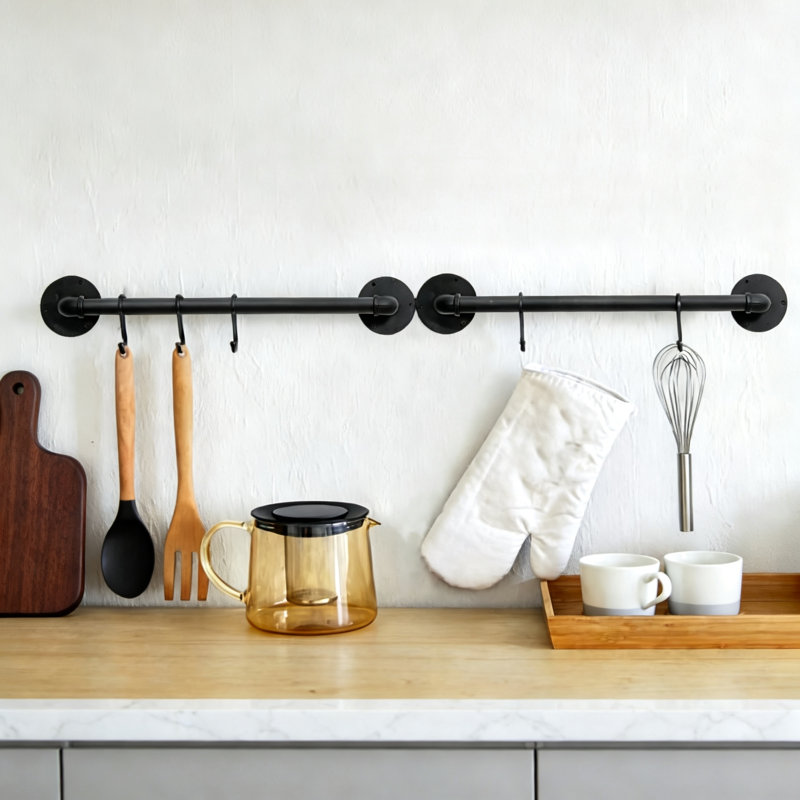 Ensemble de 2 supports muraux pour casseroles, tuyau industriel de 21 pouces avec 10 crochets en S, 3.6" H x 2.3" W x 21" D