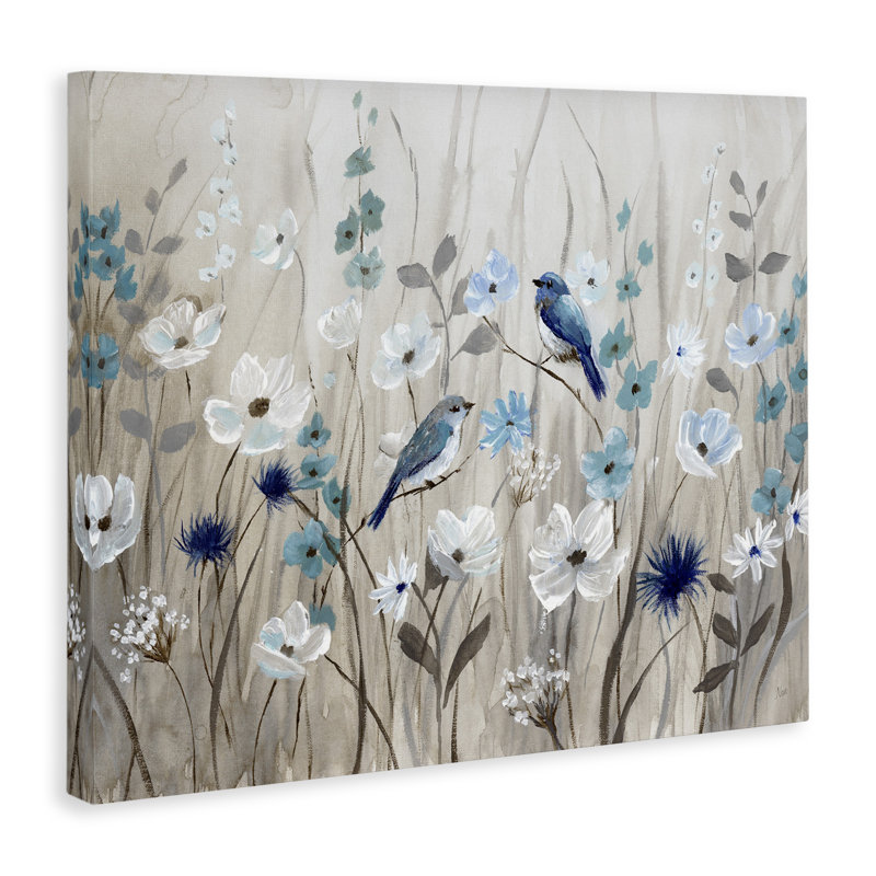 «Birds Floral Meadow Blossoms», art mural sur toile par Nan, H 24 po x l 30 po