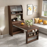 Buffet With Hutch And Foldable Dining Table, Storage Shelves, Side Hooks And A Cabinet With Sliding Doors