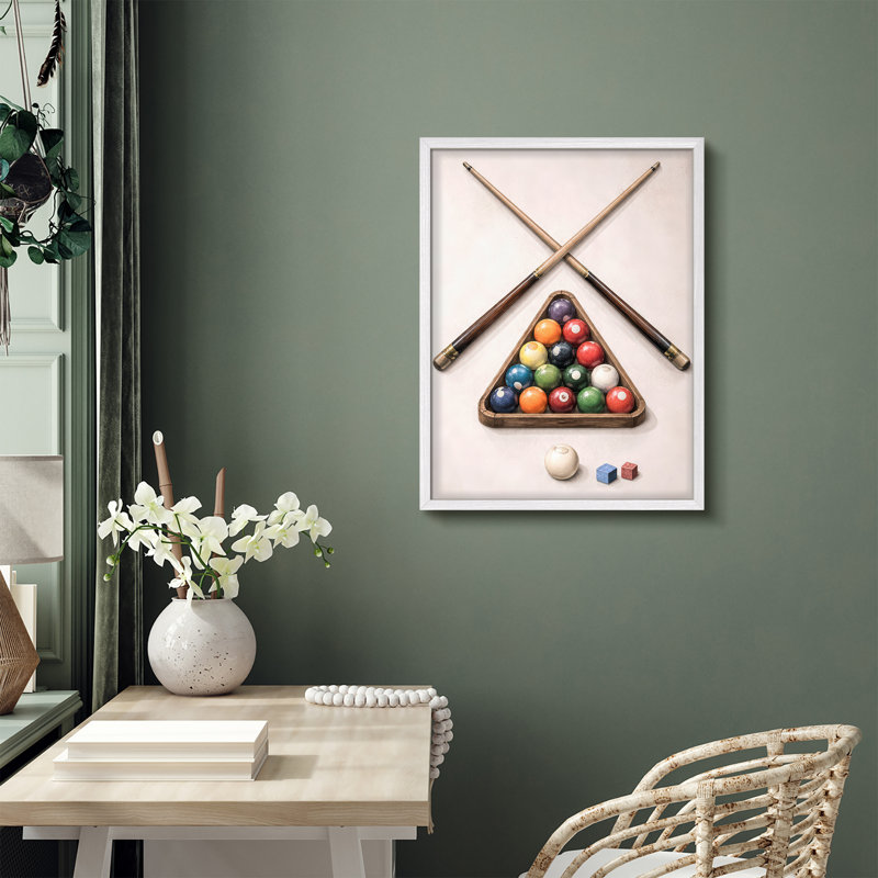 Classic Billiards Table Setup Framed Wall Art Prints - Cue Sticks and Pool Balls for Game Room Office, Blanc