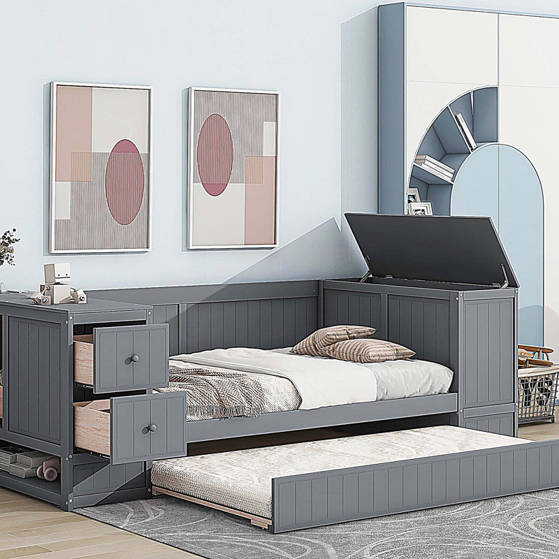 Twin Size Daybed with Trundle and Charging Station, Gray