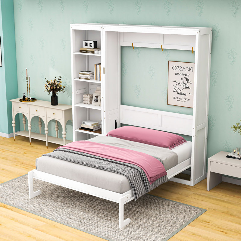 Lit escamotable en bois avec tablettes, conception pliable peu encombrante, Blanc, Grand lit