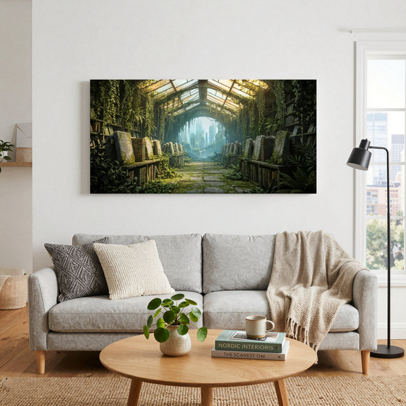 Ensemble d'un tableau sur toile représentant une bibliothèque envahie par la végétation, 46“W x 24”H, Toile tendue