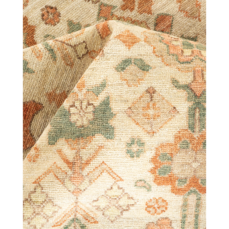 Tapis unique en laine noué à la main 7 pi 10 po x 10 pi 1 po nouvel âge ivoire / vert / orange