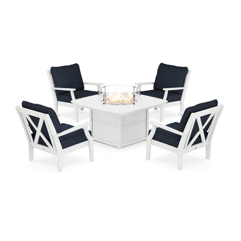 Braxton 5-Piece Deep Seating Conversation Set with Fire Pit Table, White, Marine Indigo Revolution®