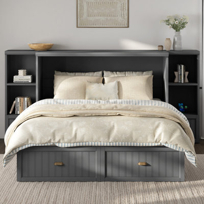 Wilkinson Farmhouse Queen Murphy Bed with Bedside Tables, 3 Storage Drawers & Charging Station, Gray