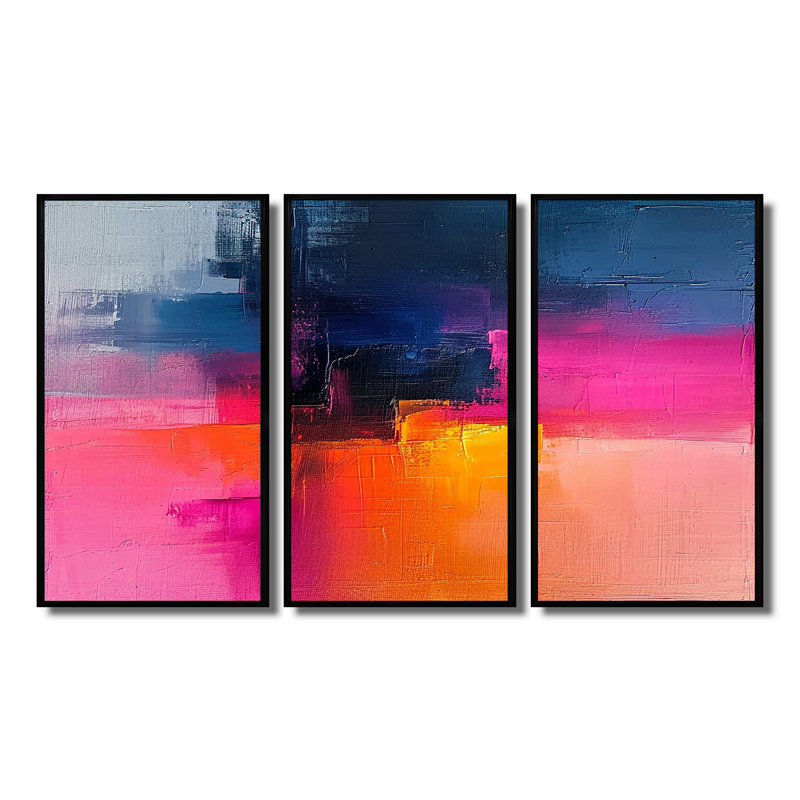 Fuchsia lever de soleil - ensemble d'art abstrait mural, Cadre flottant noir, H 40 po x l 60 po x P 1 po