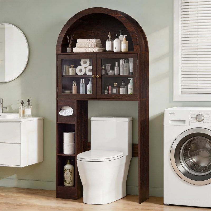 Armoire de rangement au-dessus de la toilette H 68 po, organisateur de salle de bain autoportant avec portes en verre, tablettes réglables, armoire arquée et porte-papier hygiénique