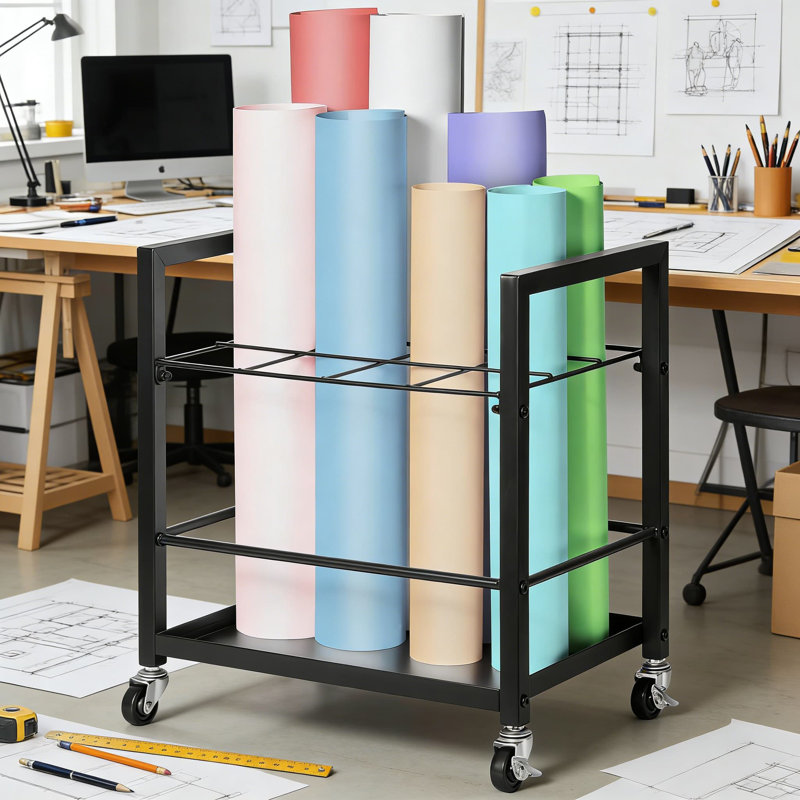 Support de rangement mobile avec roues, support de classeur en métal à 12 fentes pour plans architecturaux, dessins de construction, cartes, affiches et documents