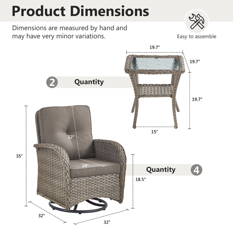 Ensemble de chaises de patio pivotantes en osier toutes saisons avec table d'appoint (ensemble de 4), Gris, Gris