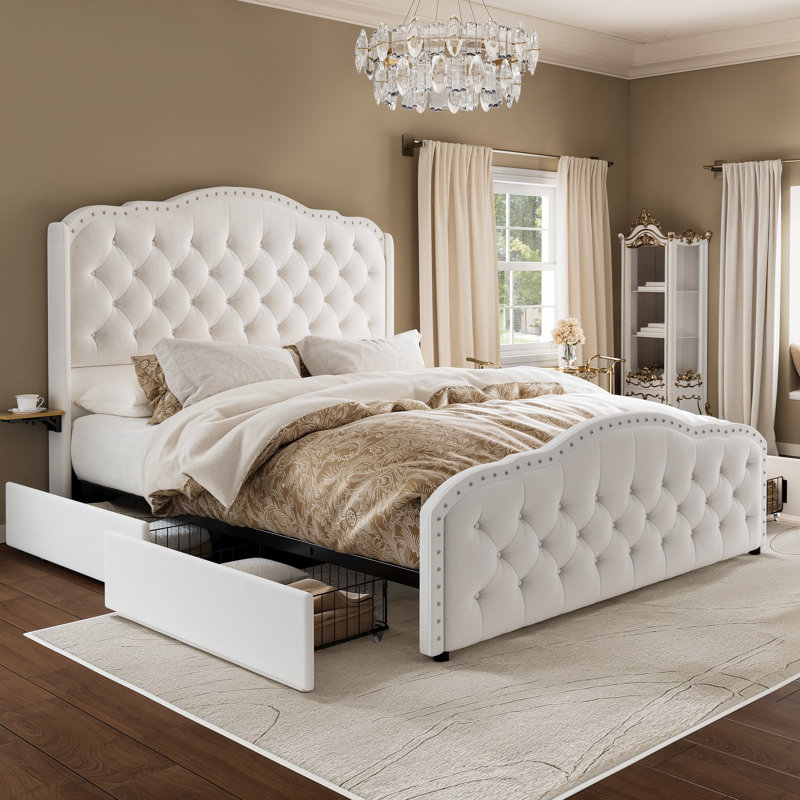  Lit double tapissier avec 4 tiroirs Maber, lit plateforme avec rangement et 2 tables de chevet, lit à oreilles en velours, aucun sommier requis, beige