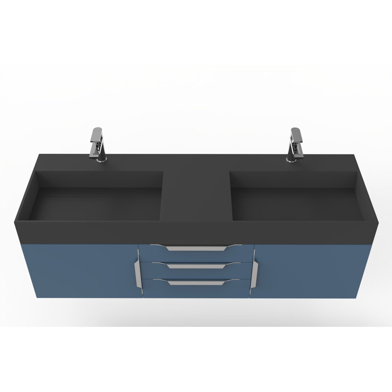 Russett 60'' Double Bathroom Vanity with Solid Surface Top, Black, Blue, Brushed Nickel