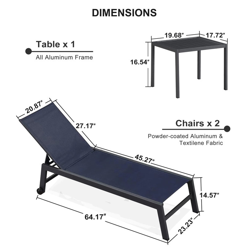 Chaise longue d'extérieur en métal avec table Willbourn, Bleu marine