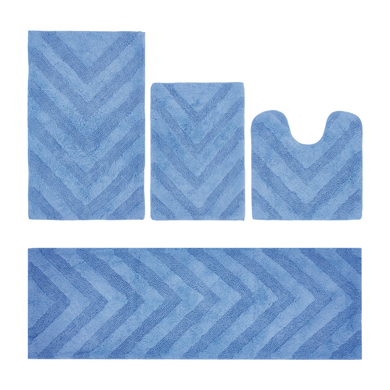 Ensemble de tapis pour salle de bain 100% coton de qualité supérieure Hugo 4 pièces avec envers antidérapant, lavable à la machine, luxueux tapis Chervon à motif super absorbant et touffeté pour la salle de bain, la douche et la baignoire