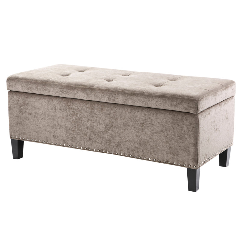 Elegant Design Storage Bench With Interior Pocket And Birch Legs Soft Fabric Large Capacity Leg Foundation, Taupe