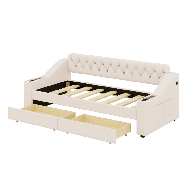 Upholstered Daybed With Drawers,Storage Armrests And USB Port, Beige