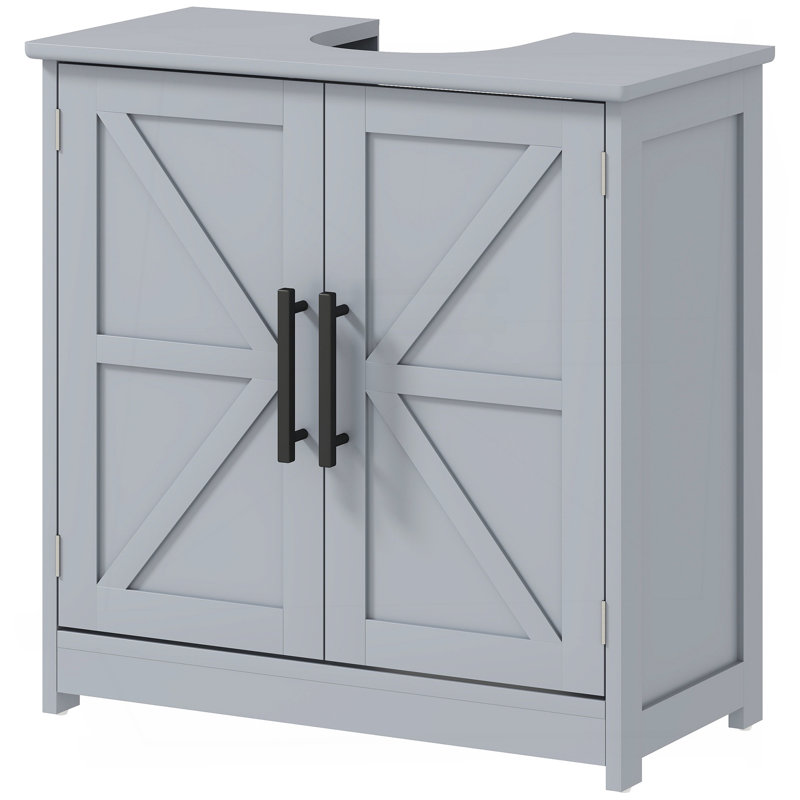 Armoire de rangement à piédestal, lavabo de salle de bain avec 2 portes de grange et tablette réglable, gris foncé (sans lavabo)