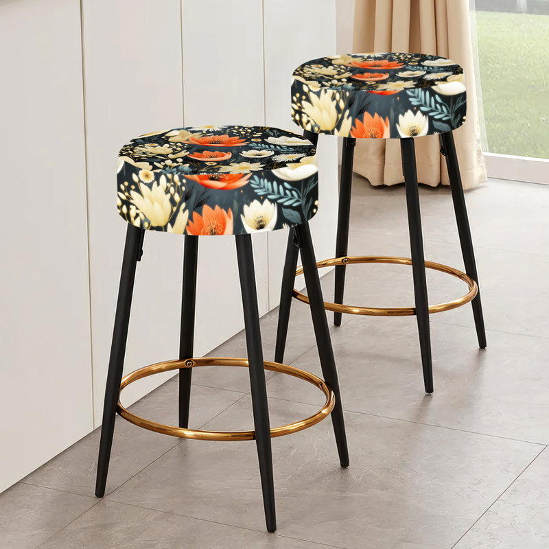 Ensemble de 2 tabourets à imprimé animal, Motif floral noir et beige rétro romantique