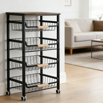 5-Layer Fruit Basket Kitchen Food Organizer, Stackable Storage Cart With Desktop, Pull-Out Hollow Metal Basket, Wheeled Sorting Rack, Black