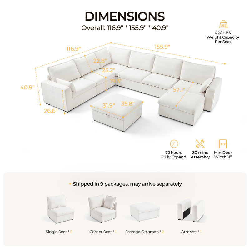 8-seater Oversized Modular Sofa Comfy Cloud Couch With Storage, Chenille Deep Convertible Sectional Sleeper Sofa Bed, Pet Friendly Covers Washable With 2 Ottomans