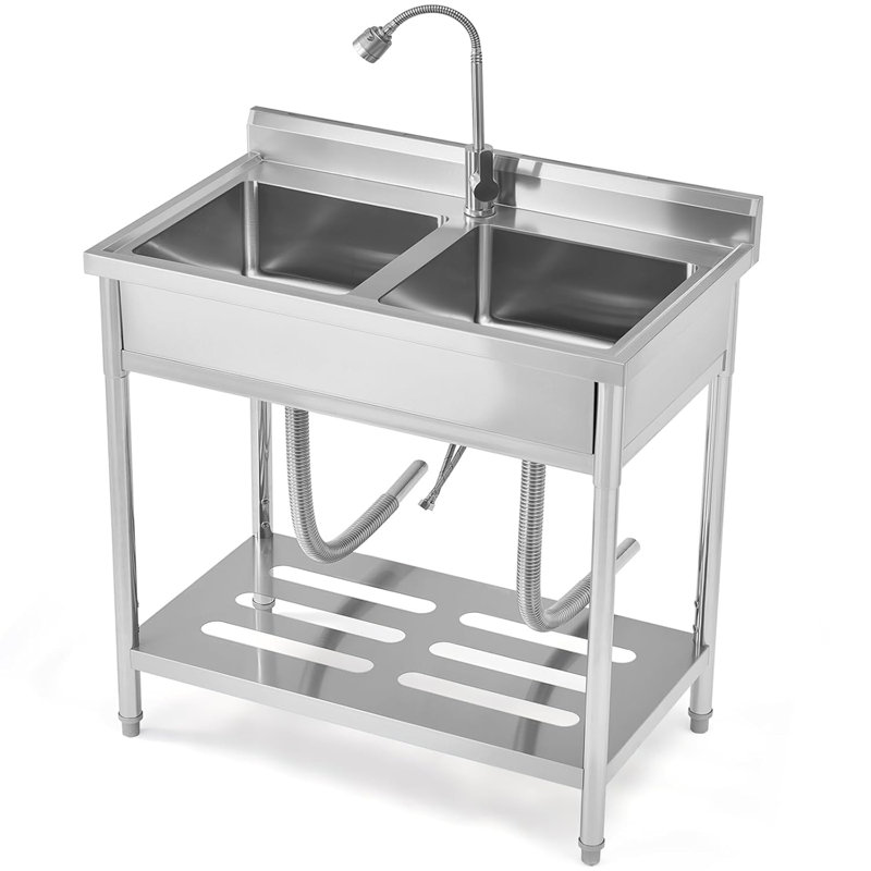 Stainless Steel Freestanding Utility Sink with Pull-Out Faucet, Single Bowl Slop Sink for Laundry Room, Garage, Commercial Kitchen & Dog Wash, 35.8x21.3x40.2inch