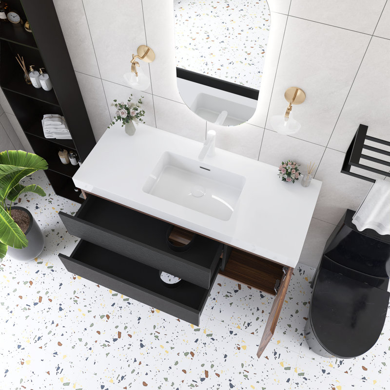Ensemble de meuble-lavabo mural simple 48 po brun avec plateau intégré blanc