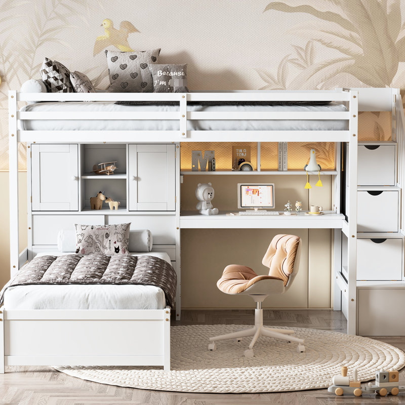 Twin Over Loft Bed In White With Built-In Desk And Storage Space Including Desk, Shelf Staircase Setup, White