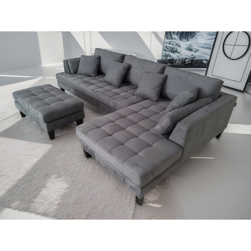 Canapé modulaire en microfibre avec repose-pieds Pritesh, Microfibres et suédine gris foncé, Accoudoir à droite (vu de face)