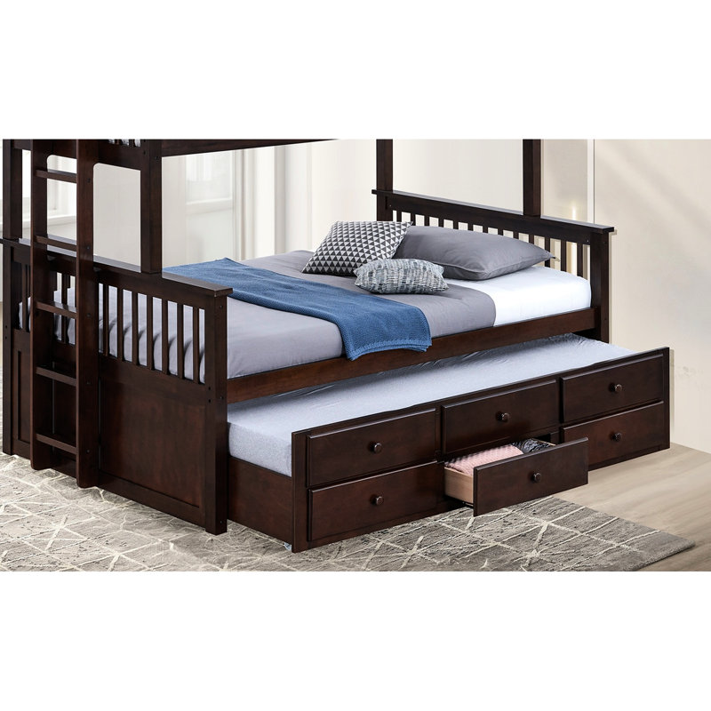 Transitional Twin Over Full Bunk Bed With And Underbed Storage Drawers, Dark Walnut Shade, Solid Engineered Wood Base, For Bedroom Use Coloured Trundle 3 Structure, Arrangement