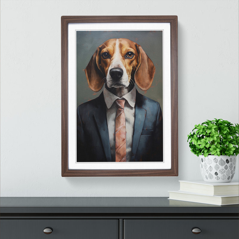 Beagle In A Suit Painting No.3 - Single Picture Frame Print on Wood, Walnut Framed, 64cm H x 46cm W x 2cm D