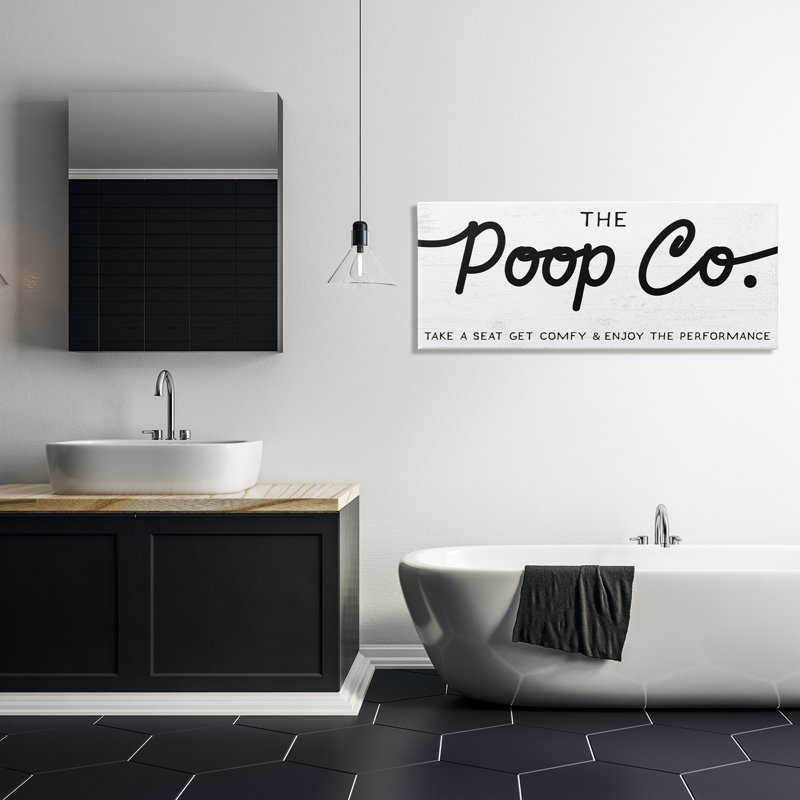 «The Poop Co.», affiche de salle de bain «Get Comfy» par Daphne Polselli - Art textuel sur bois, H 20 po x l 48 po