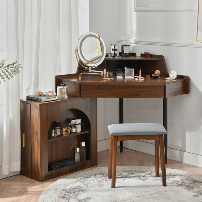 Corner Dresser with Mirror and LED Lights, Modern Dressing Set with Mirror and Stool, Brightness Adjustable Folding Mirror