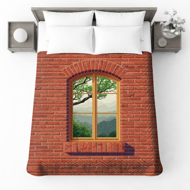 Red Brick Wall Window Quilted Bedspread All Sizes, Full / Double