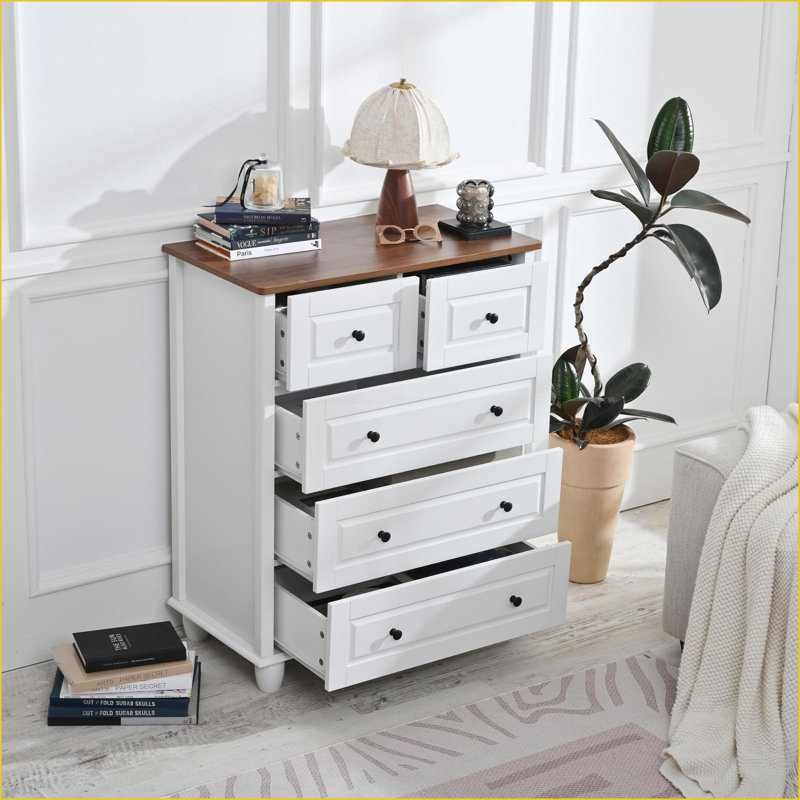 Commodes | Commode haute 5 tiroirs avec rangement profond, style classique | Ivoire / blanc | Bois aggloméré, pin