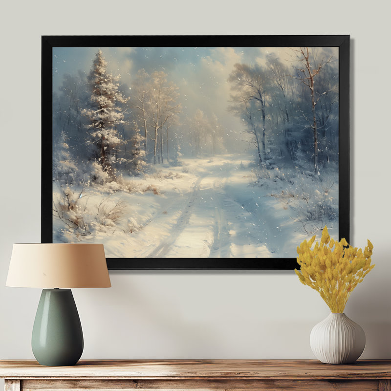 «White Winter Winter Road Into Forest I - Winter Landscape Wall Art Living Room», H 12 po x l 20 po, Cadre simple noir