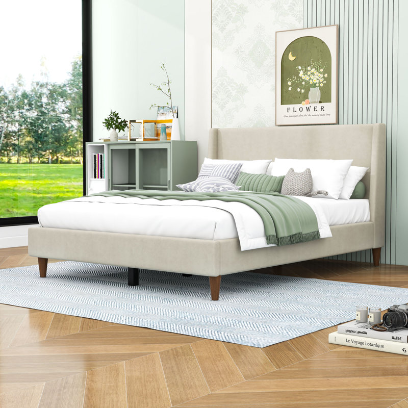 Lit plateforme tapissier avec structure en bois, Grand