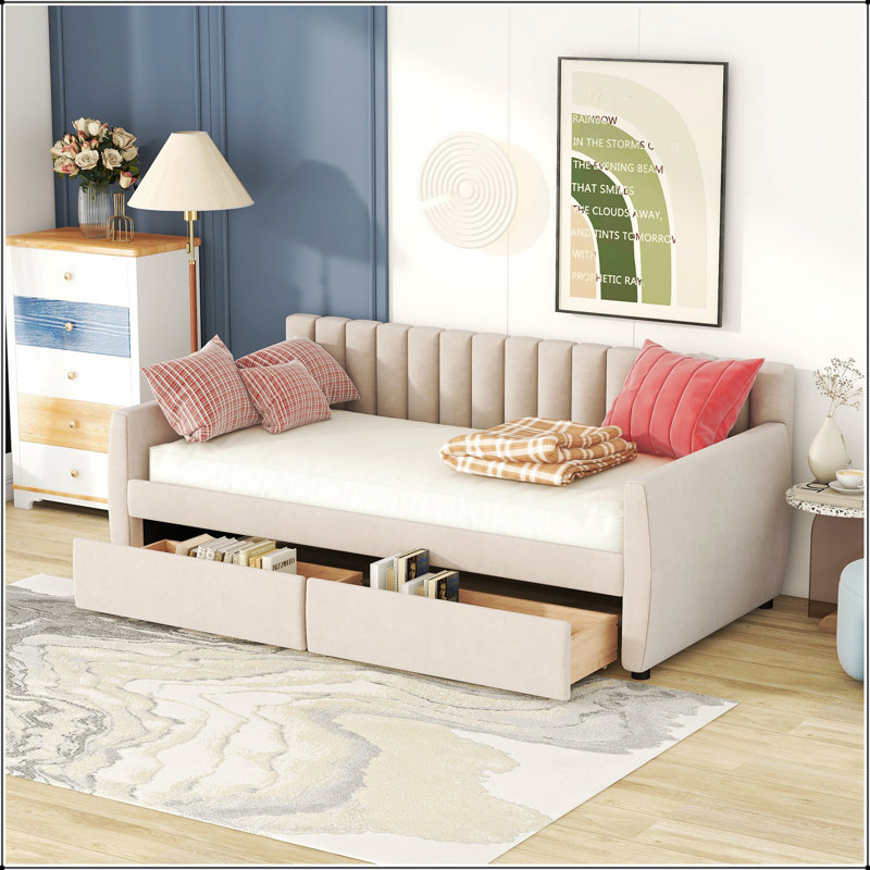 Lit de jour rembourré avec tiroirs spacieux et support en lattes de bois pour plus de confort et de rangement, Beige