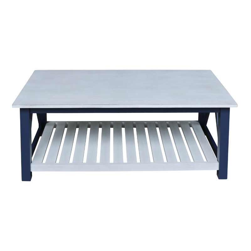 Kenessa Solid Wood Single Coffee Table, Antiqued Chalk Top/Blue Base