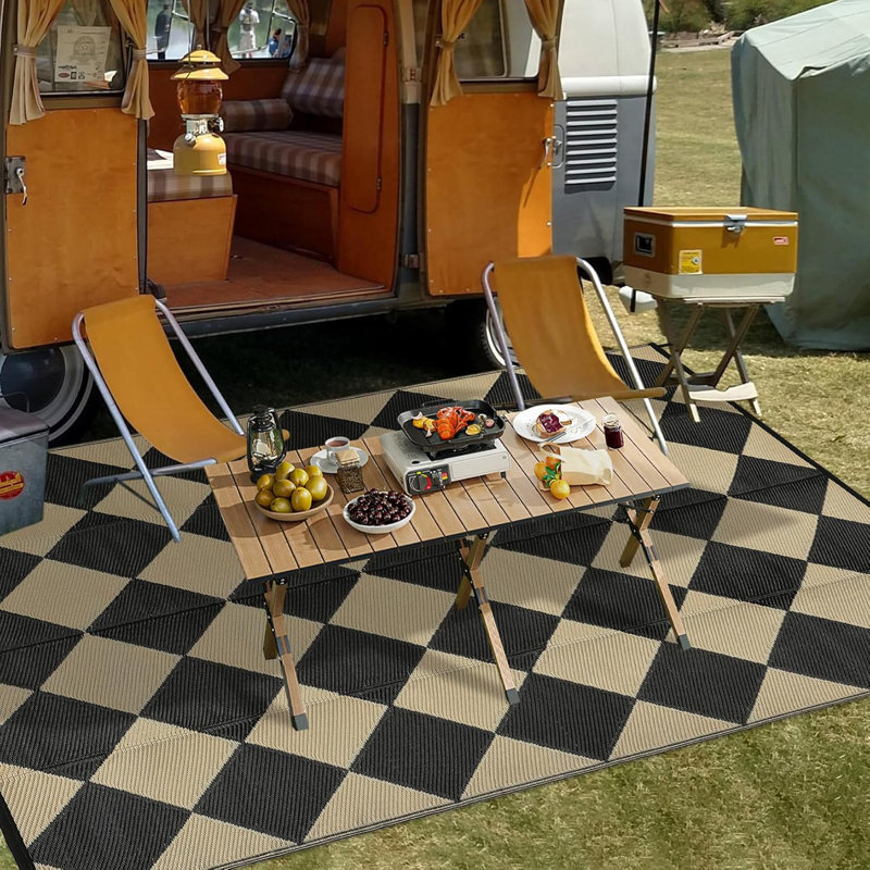 Outdoor Plastic Straw Rug – Waterproof Checkered Patio Rug with Non-Slip Backing, Modern Geometric Design for Backyard, Balcony, Camping, Picnic