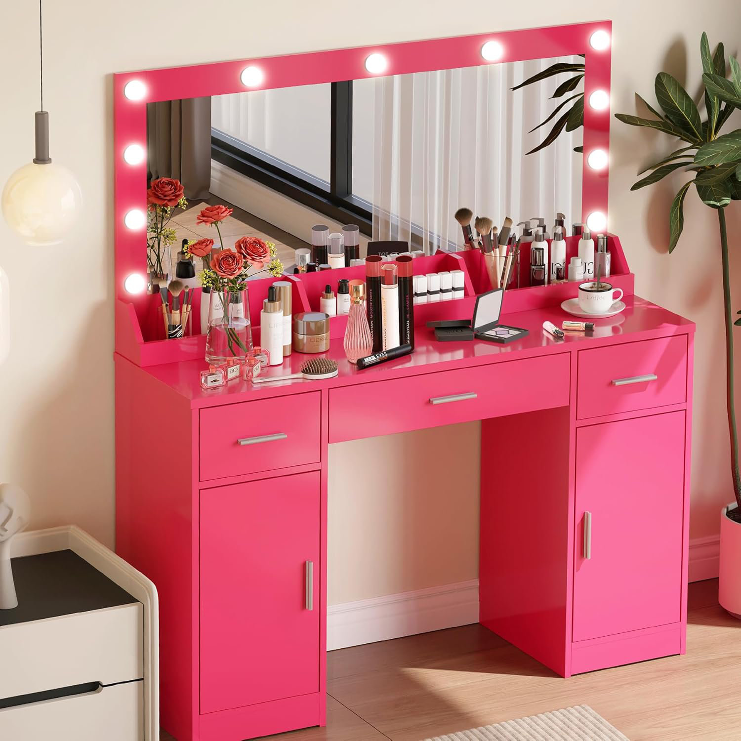 Ebern Designs 47.5" Vanity Desk with Large Mirror, 3 Colour Lighting ...